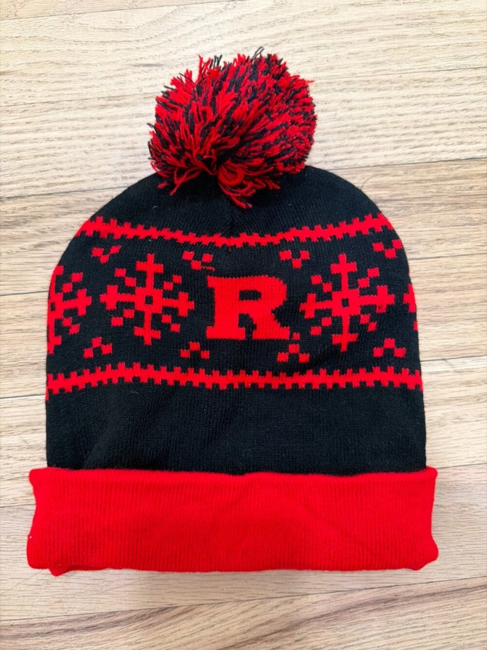 Rutgers Knit Winter Beanie Hat Black Red Pom Pom New